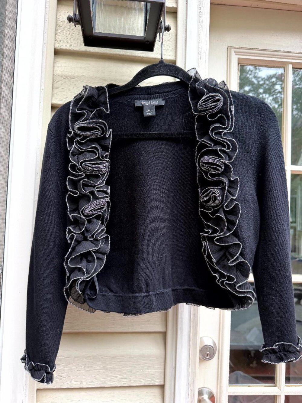WHBM (White House Black Market) Black Ruffle Cropped Cardigan Shrug, Size M